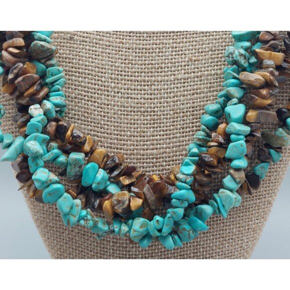 Artisan Boho Multi Strand Faux Turquoise & Tigers Eye Chip Stone Collar Necklace - Picture 4 of 7